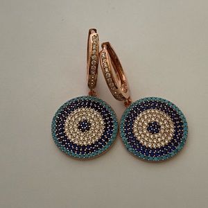 🧿 925 Silver earrings cz fancy evil eye hoops 14k rose gold plated